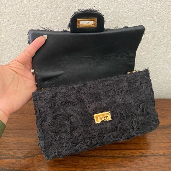 Black Fringe Tweed Leather Classic Single Flap Crossbody Chain Bag Medallion C2 - Picture 12 of 14